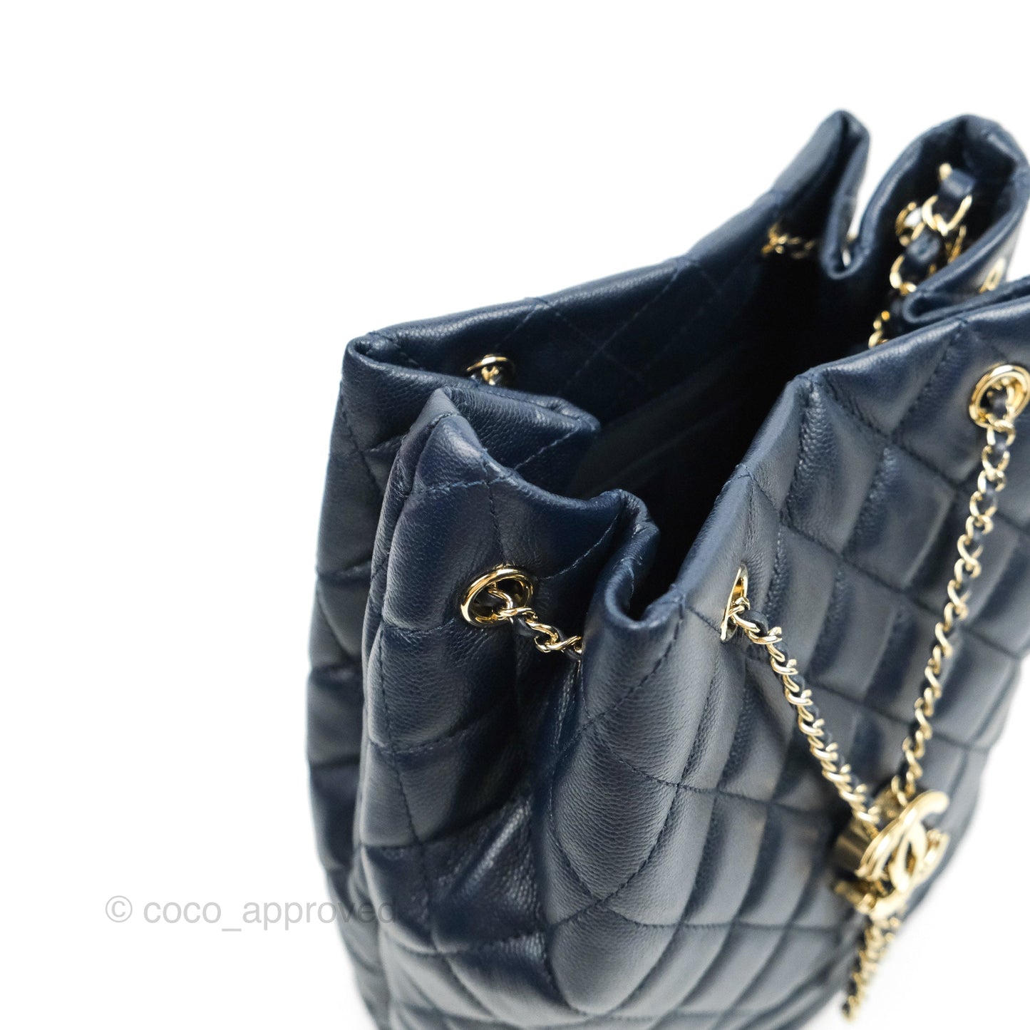 Chanel Medium Quilted Rolled Up Bucket Drawstring Bag Navy Caviar Gold Hardware