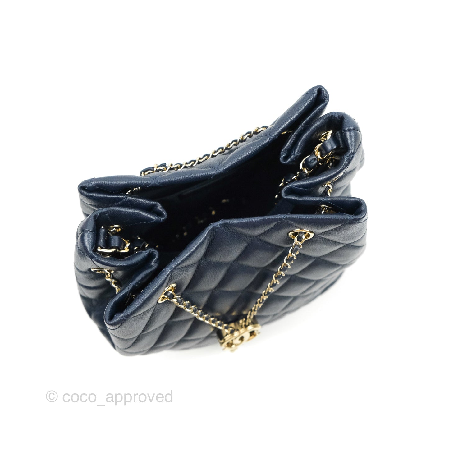 Chanel Medium Quilted Rolled Up Bucket Drawstring Bag Navy Caviar Gold Hardware