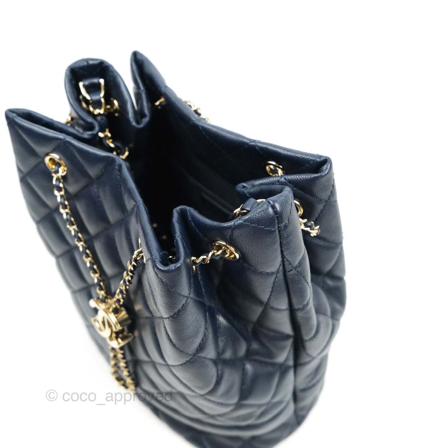 Chanel Medium Quilted Rolled Up Bucket Drawstring Bag Navy Caviar Gold Hardware