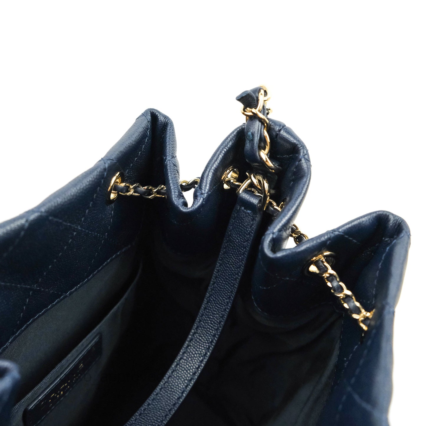 Chanel Medium Quilted Rolled Up Bucket Drawstring Bag Navy Caviar Gold Hardware