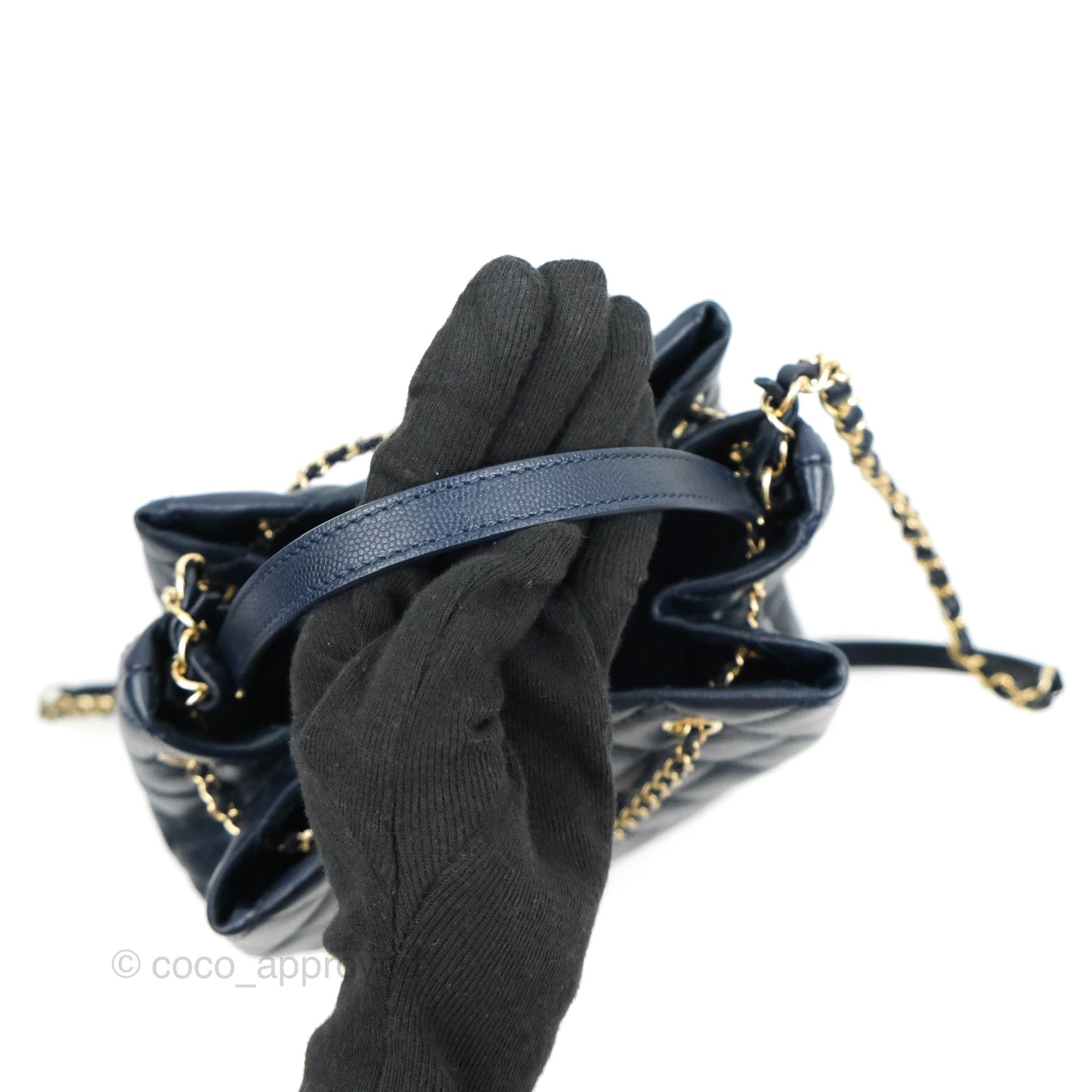 Chanel Medium Quilted Rolled Up Bucket Drawstring Bag Navy Caviar Gold Hardware