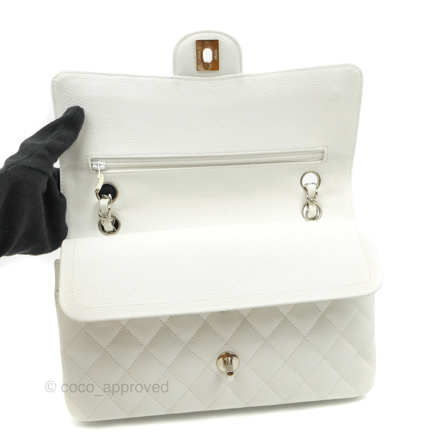 Chanel Quilted M/L Medium Double Flap White Caviar Silver Hardware