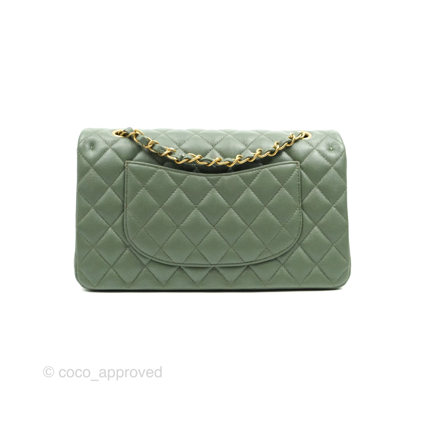 Chanel Quilted M/L Medium Double Flap Iridescent Olive Green Caviar Aged Gold Hardware 18C