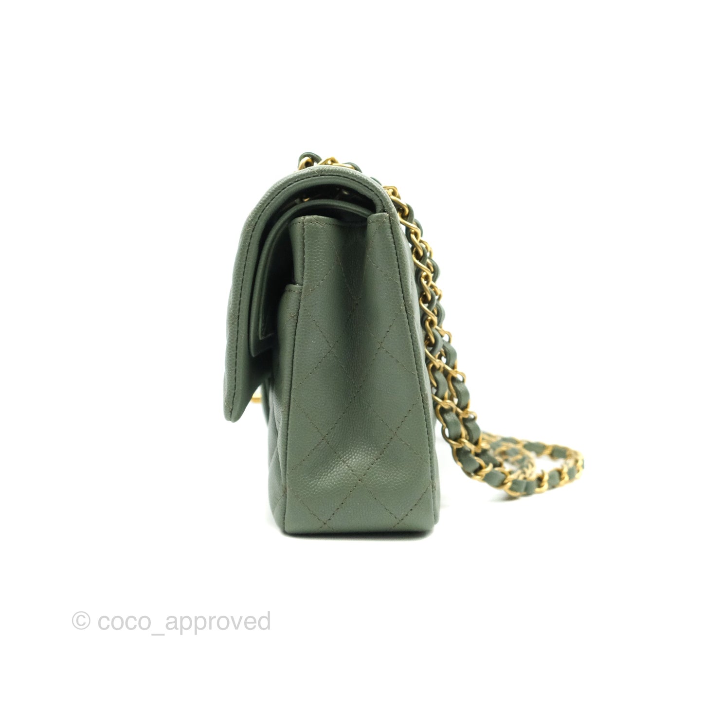 Chanel Quilted M/L Medium Double Flap Iridescent Olive Green Caviar Aged Gold Hardware 18C