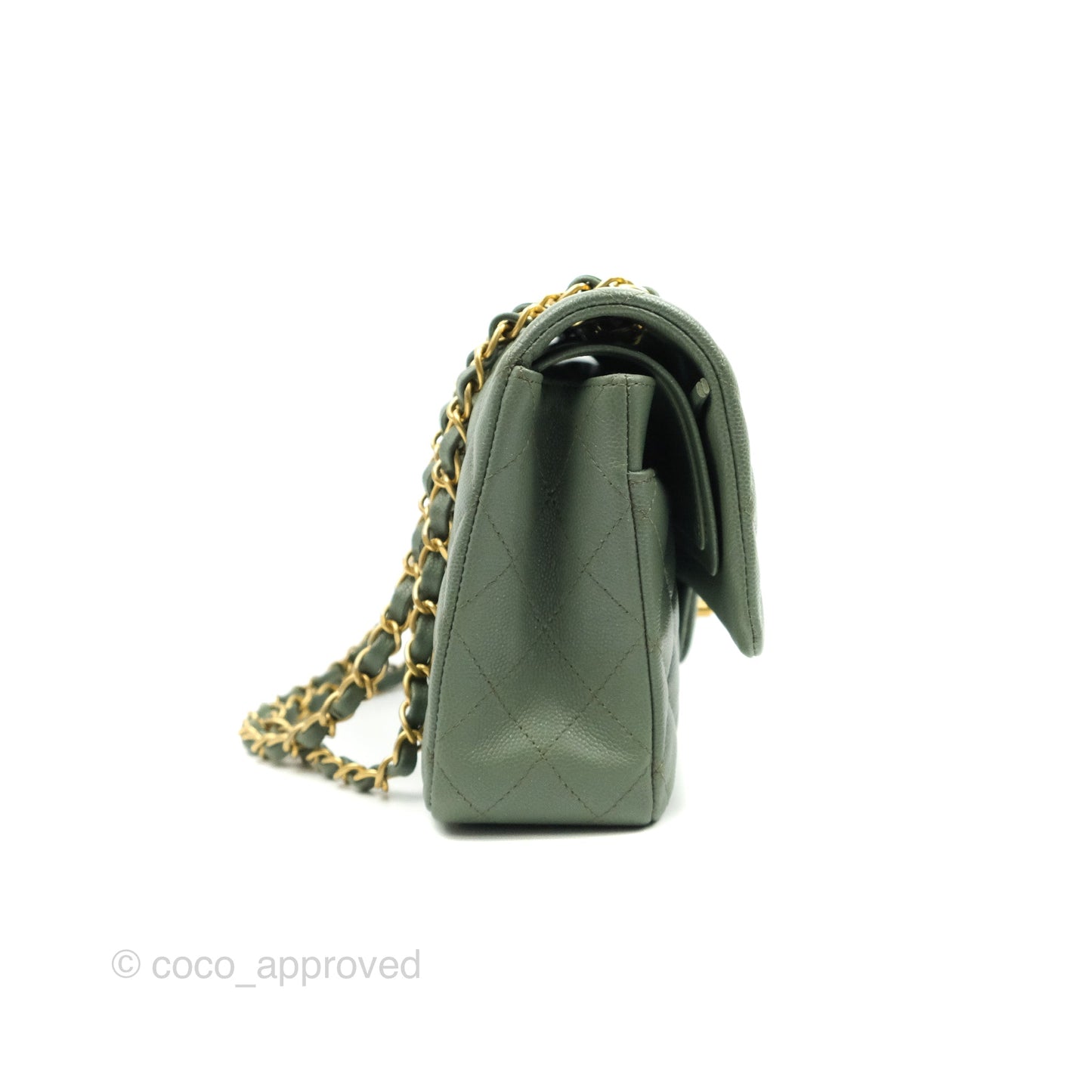 Chanel Quilted M/L Medium Double Flap Iridescent Olive Green Caviar Aged Gold Hardware 18C