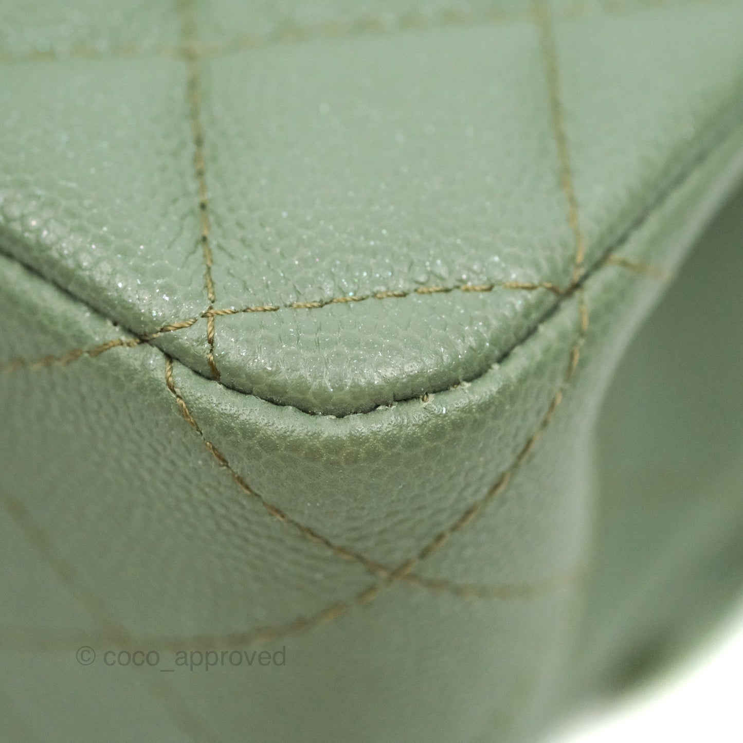 Chanel Quilted M/L Medium Double Flap Iridescent Olive Green Caviar Aged Gold Hardware 18C