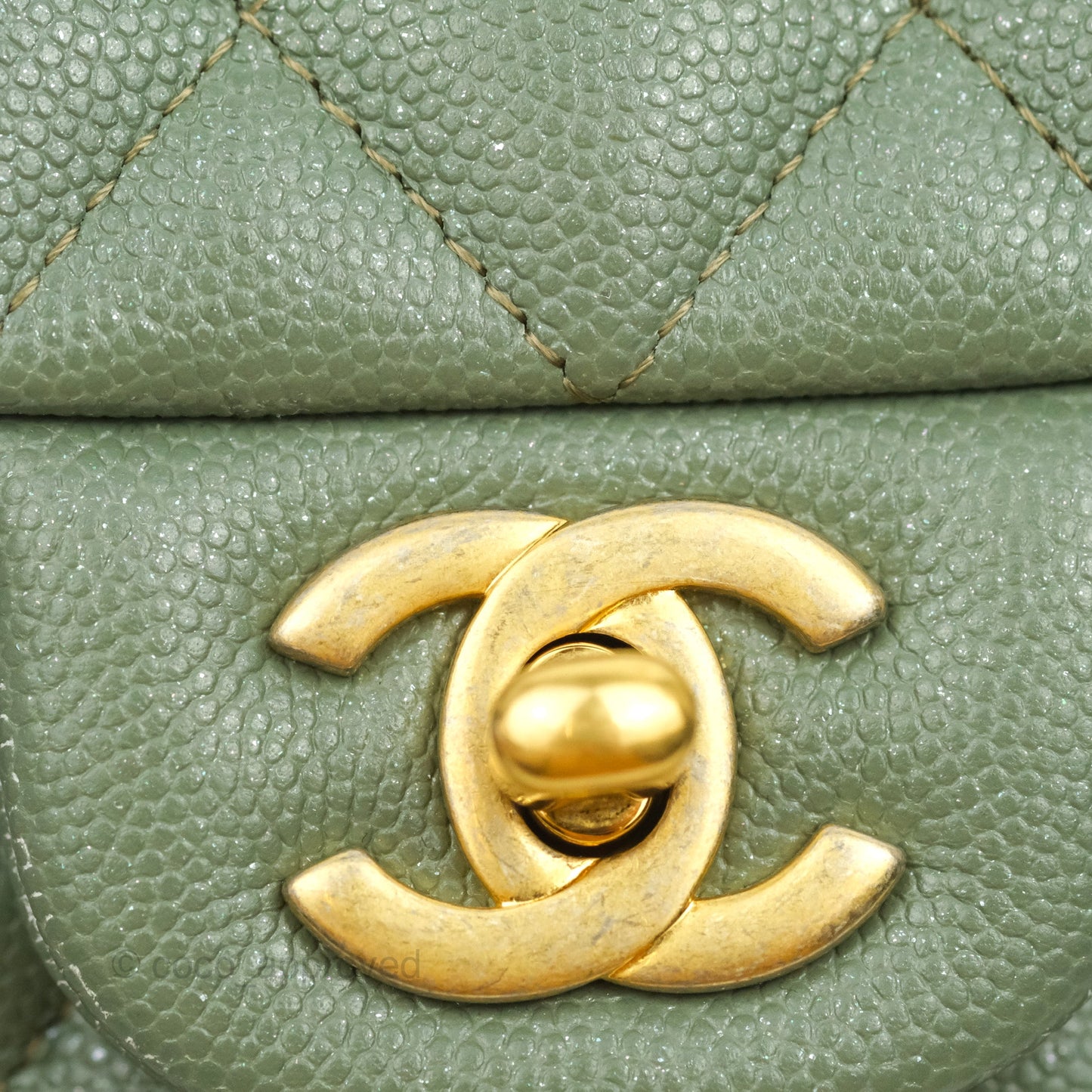 Chanel Quilted M/L Medium Double Flap Iridescent Olive Green Caviar Aged Gold Hardware 18C