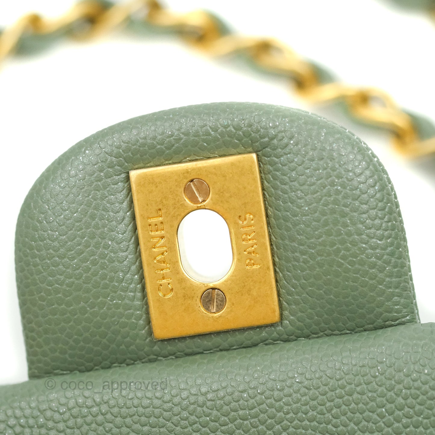 Chanel Quilted M/L Medium Double Flap Iridescent Olive Green Caviar Aged Gold Hardware 18C