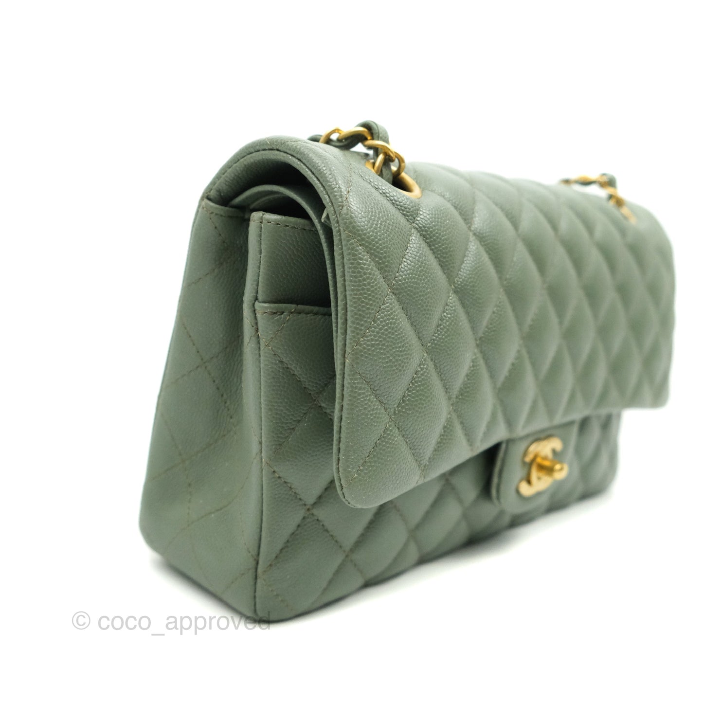 Chanel Quilted M/L Medium Double Flap Iridescent Olive Green Caviar Aged Gold Hardware 18C