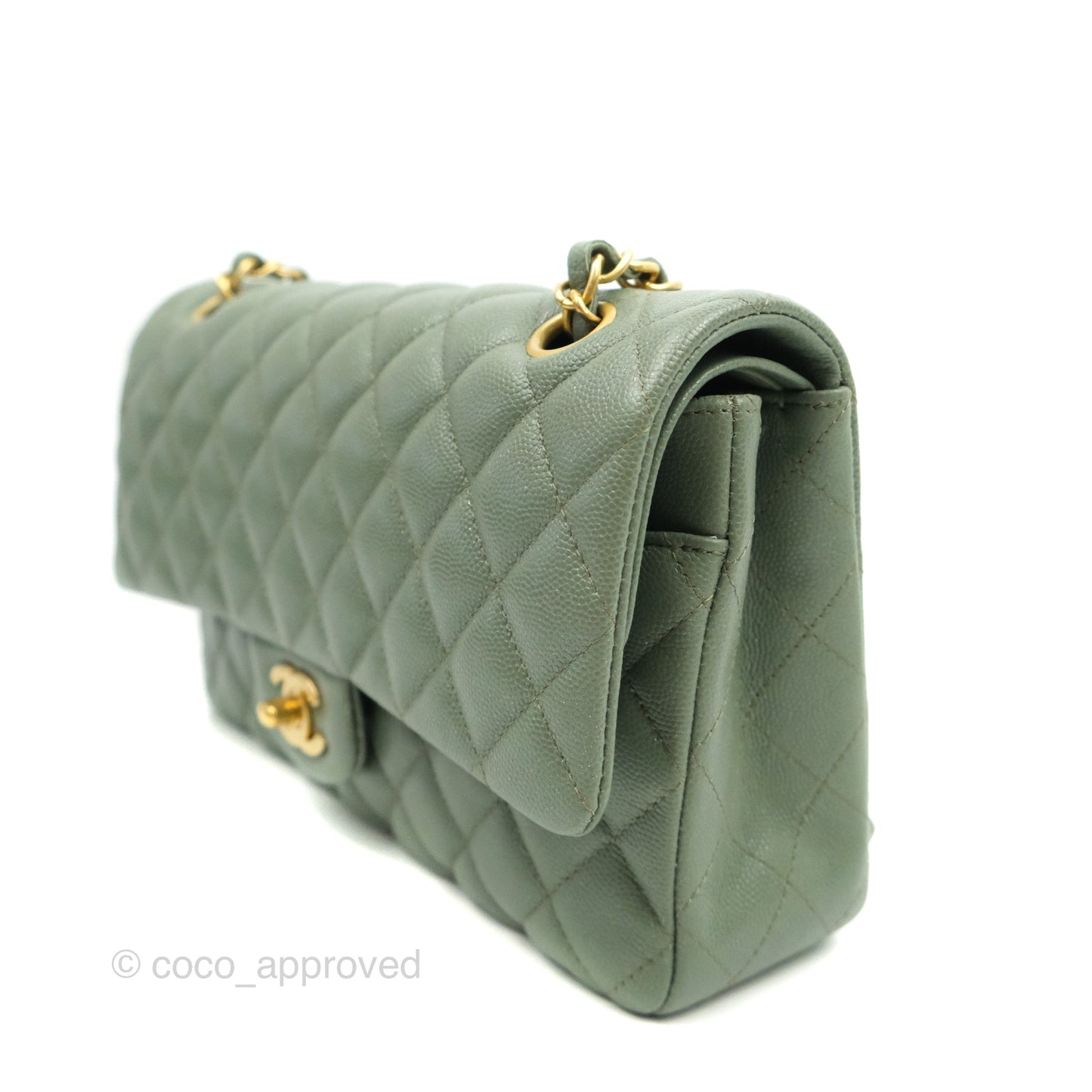 Chanel Quilted M/L Medium Double Flap Iridescent Olive Green Caviar Aged Gold Hardware 18C
