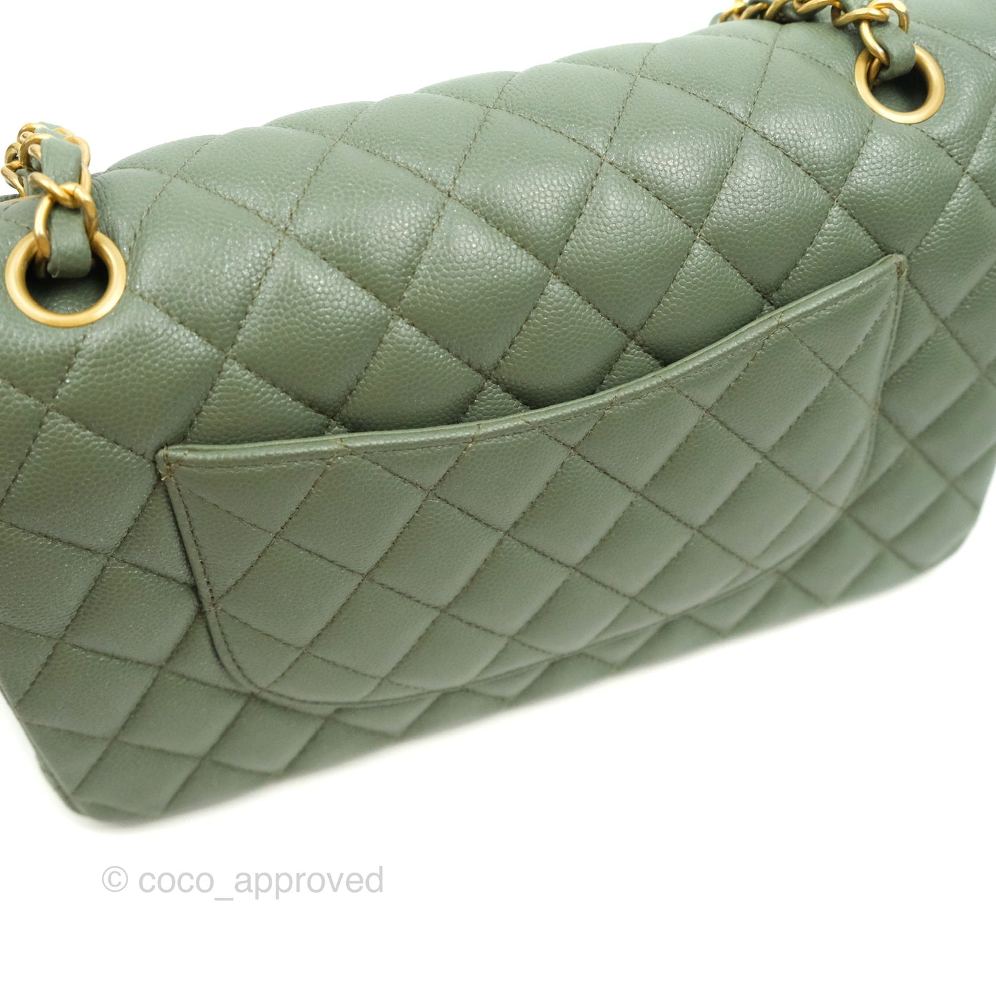 Chanel Quilted M/L Medium Double Flap Iridescent Olive Green Caviar Aged Gold Hardware 18C