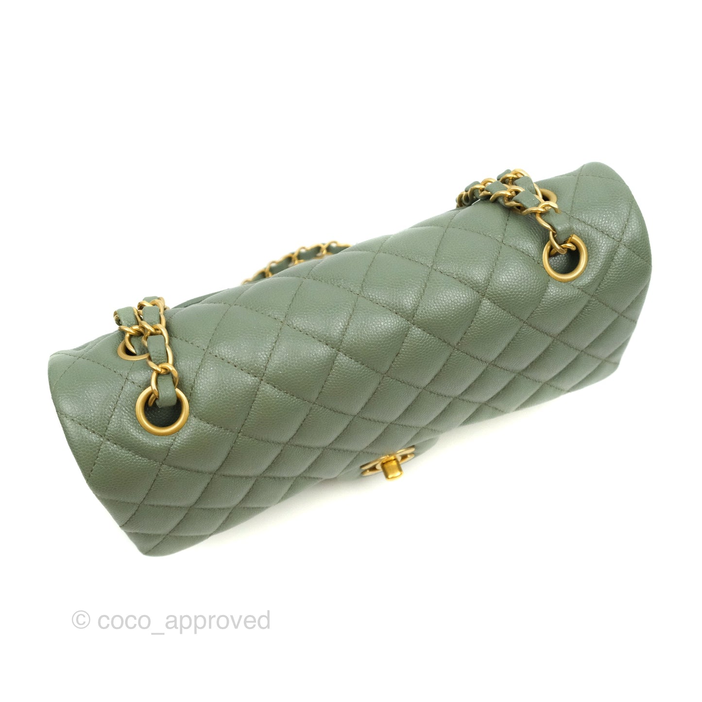 Chanel Quilted M/L Medium Double Flap Iridescent Olive Green Caviar Aged Gold Hardware 18C
