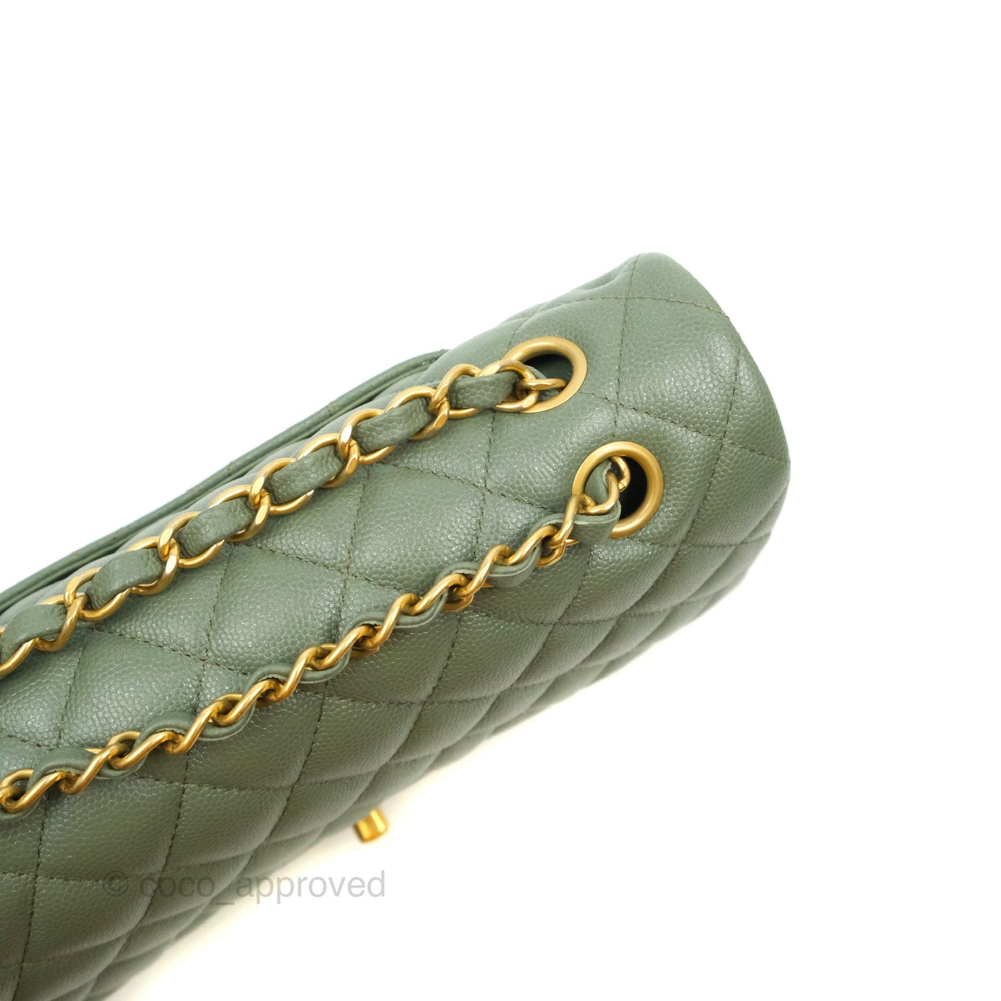 Chanel Quilted M/L Medium Double Flap Iridescent Olive Green Caviar Aged Gold Hardware 18C