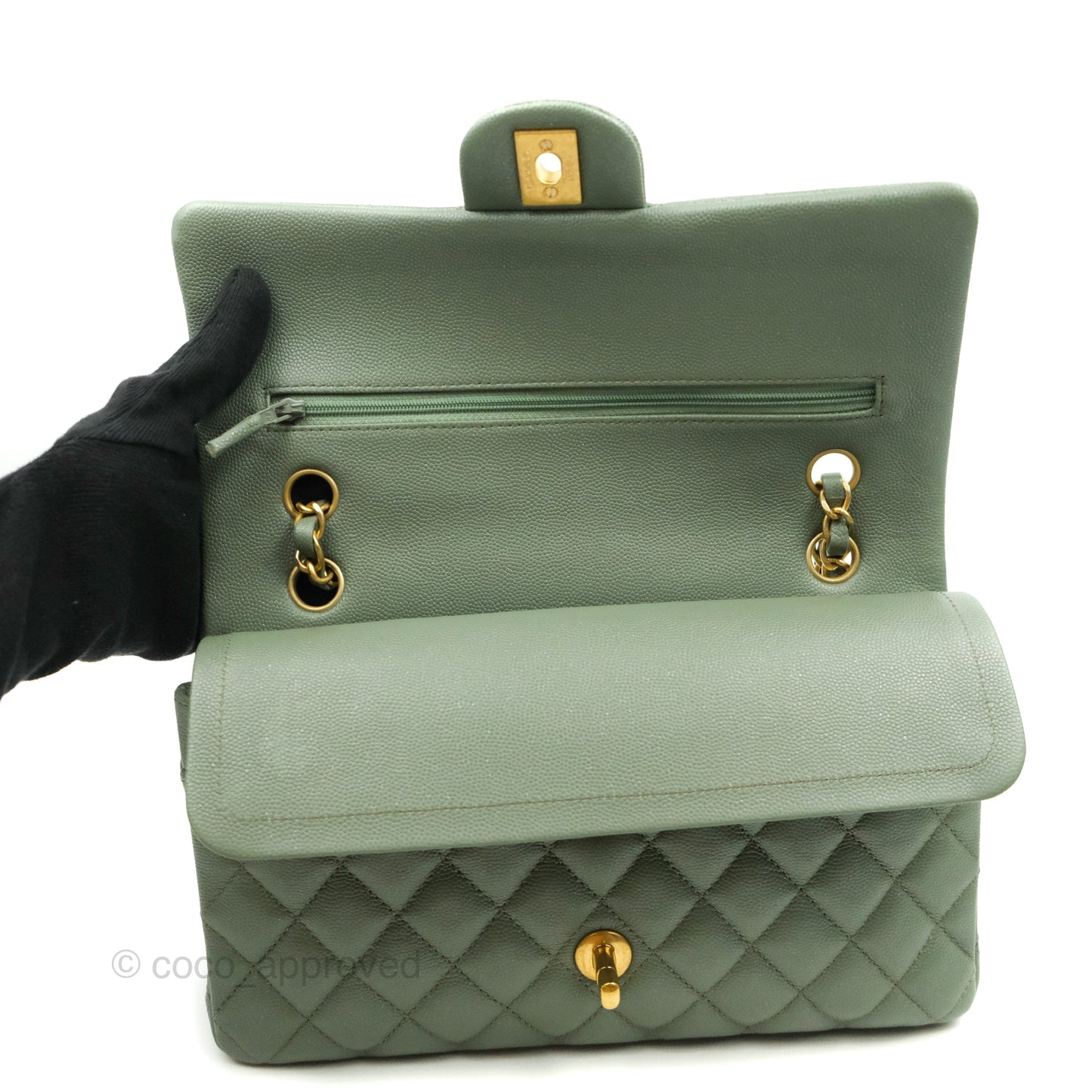 Chanel Quilted M/L Medium Double Flap Iridescent Olive Green Caviar Aged Gold Hardware 18C