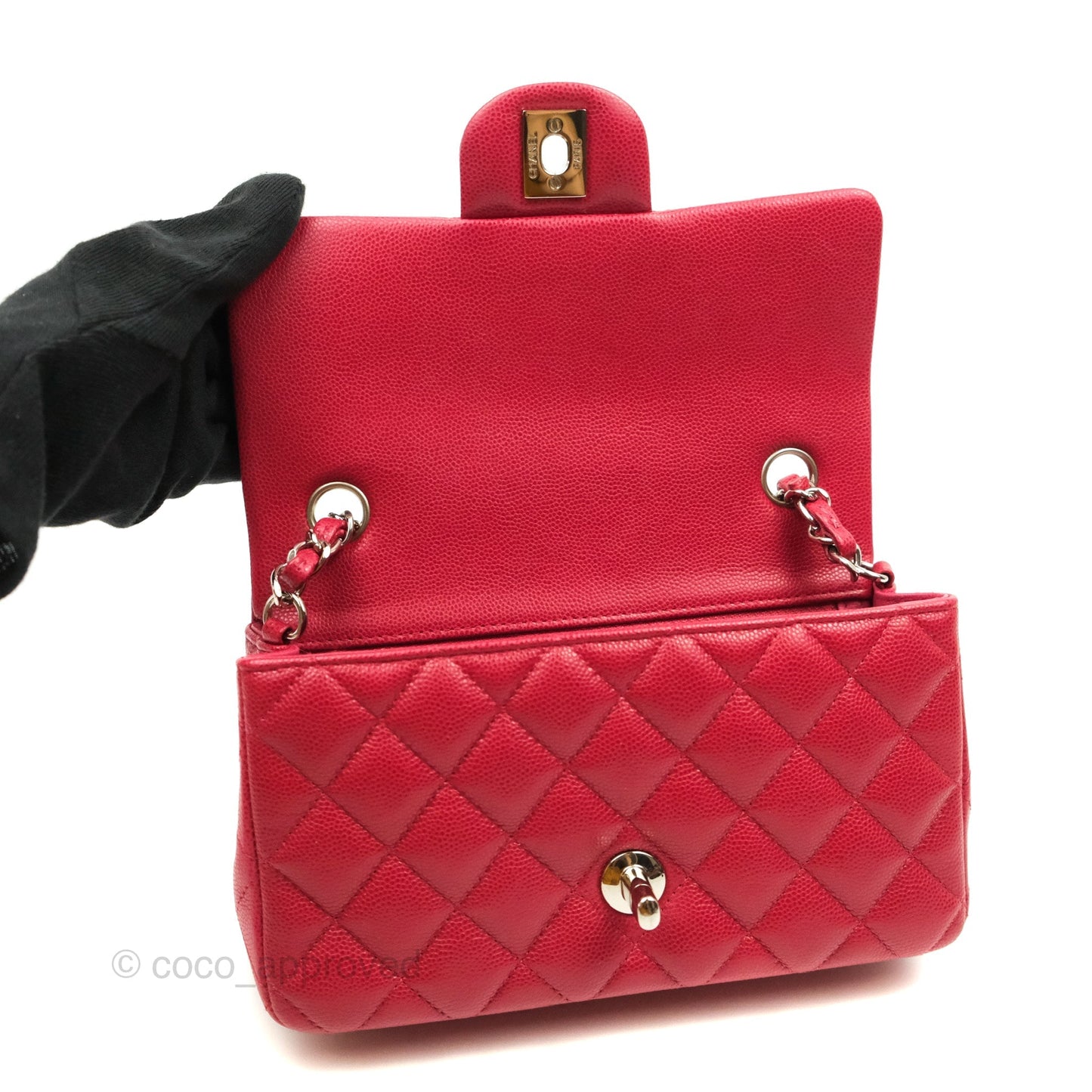 Chanel Quilted Mini Rectangular Flap Cherry Red Caviar Silver Hardware 18B