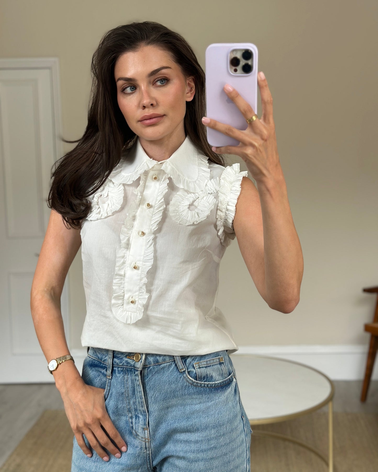 Luxury Gucci White Ruched Short Sleeve Blouse with Pearl GG Detailing IT 38 (UK 6)