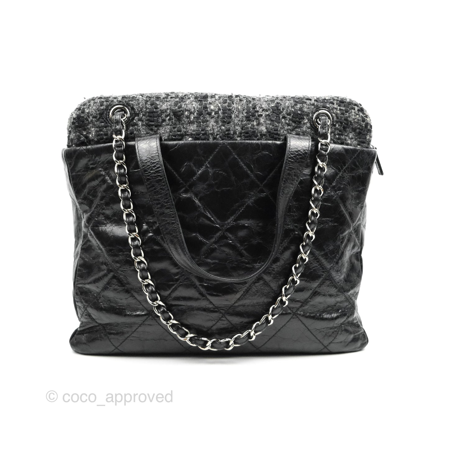 Chanel Black Glazed Calfskin & Tweed Bowling Bag Silver Hardware