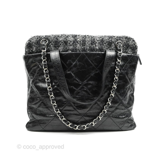 Chanel Black Glazed Calfskin & Tweed Bowling Bag Silver Hardware