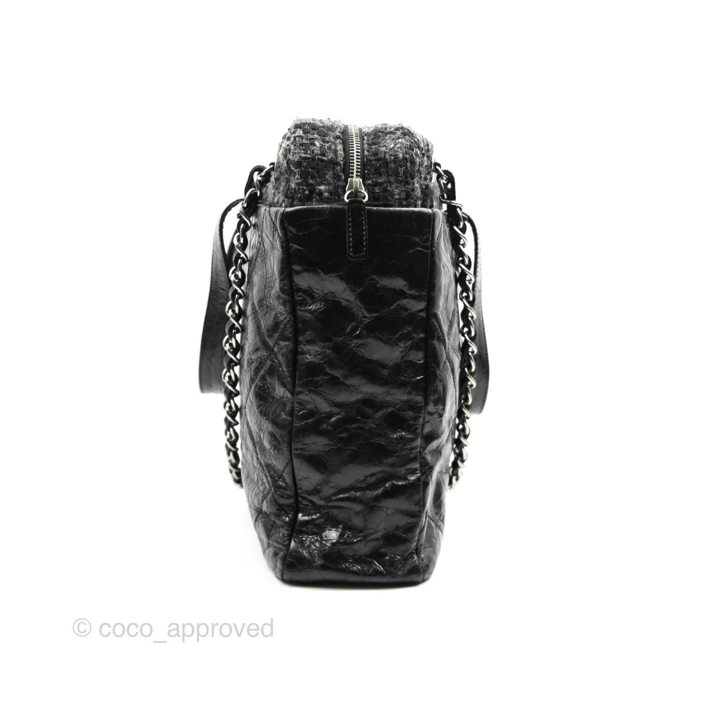 Chanel Black Glazed Calfskin & Tweed Bowling Bag Silver Hardware