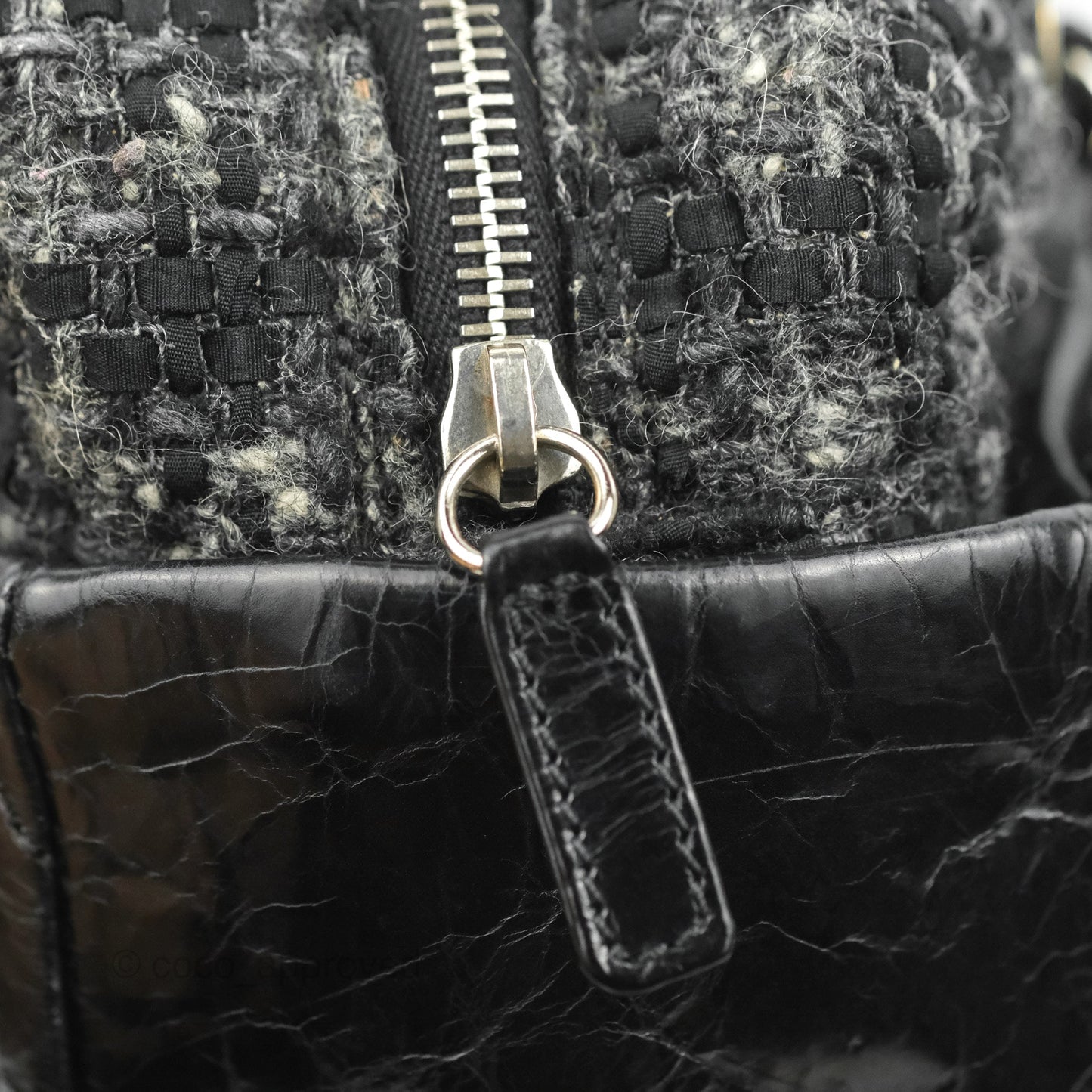 Chanel Black Glazed Calfskin & Tweed Bowling Bag Silver Hardware