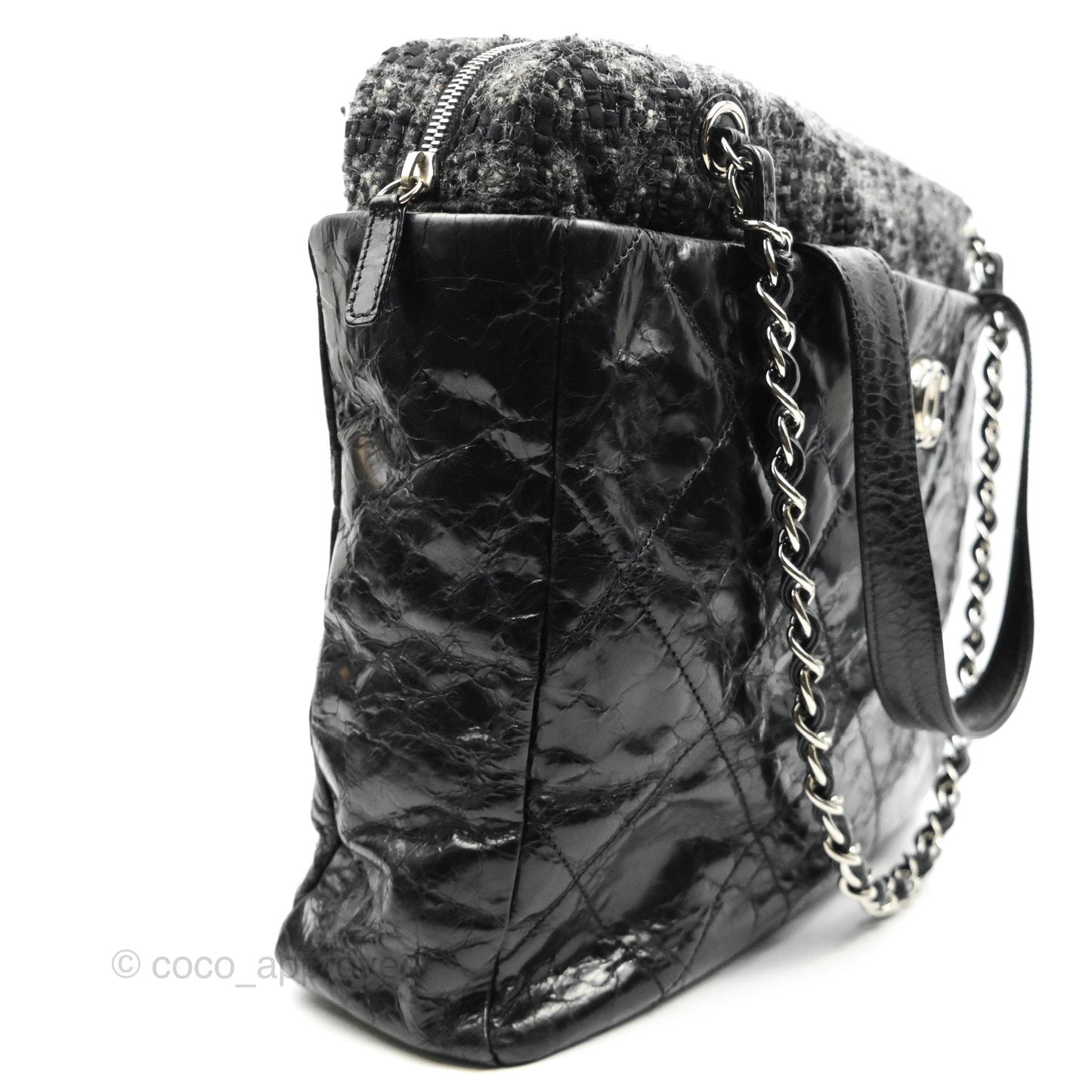 Chanel Black Glazed Calfskin & Tweed Bowling Bag Silver Hardware