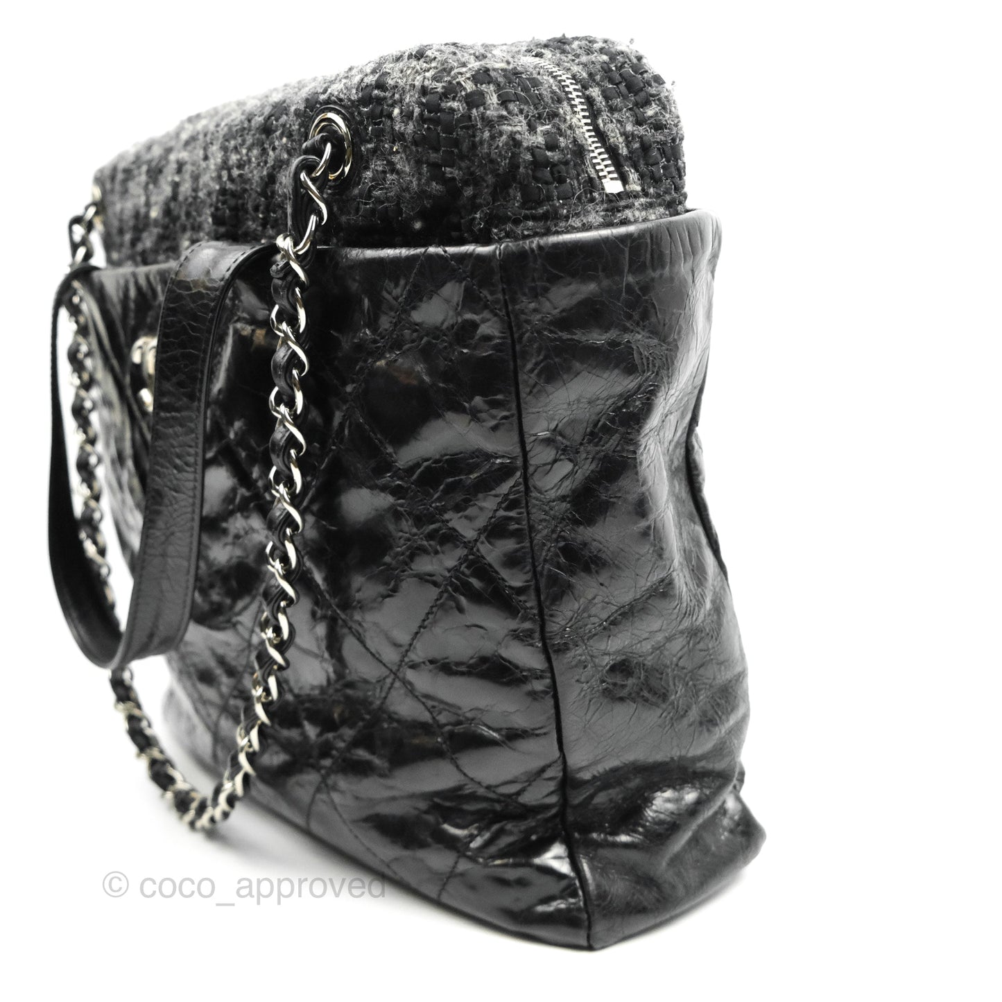 Chanel Black Glazed Calfskin & Tweed Bowling Bag Silver Hardware