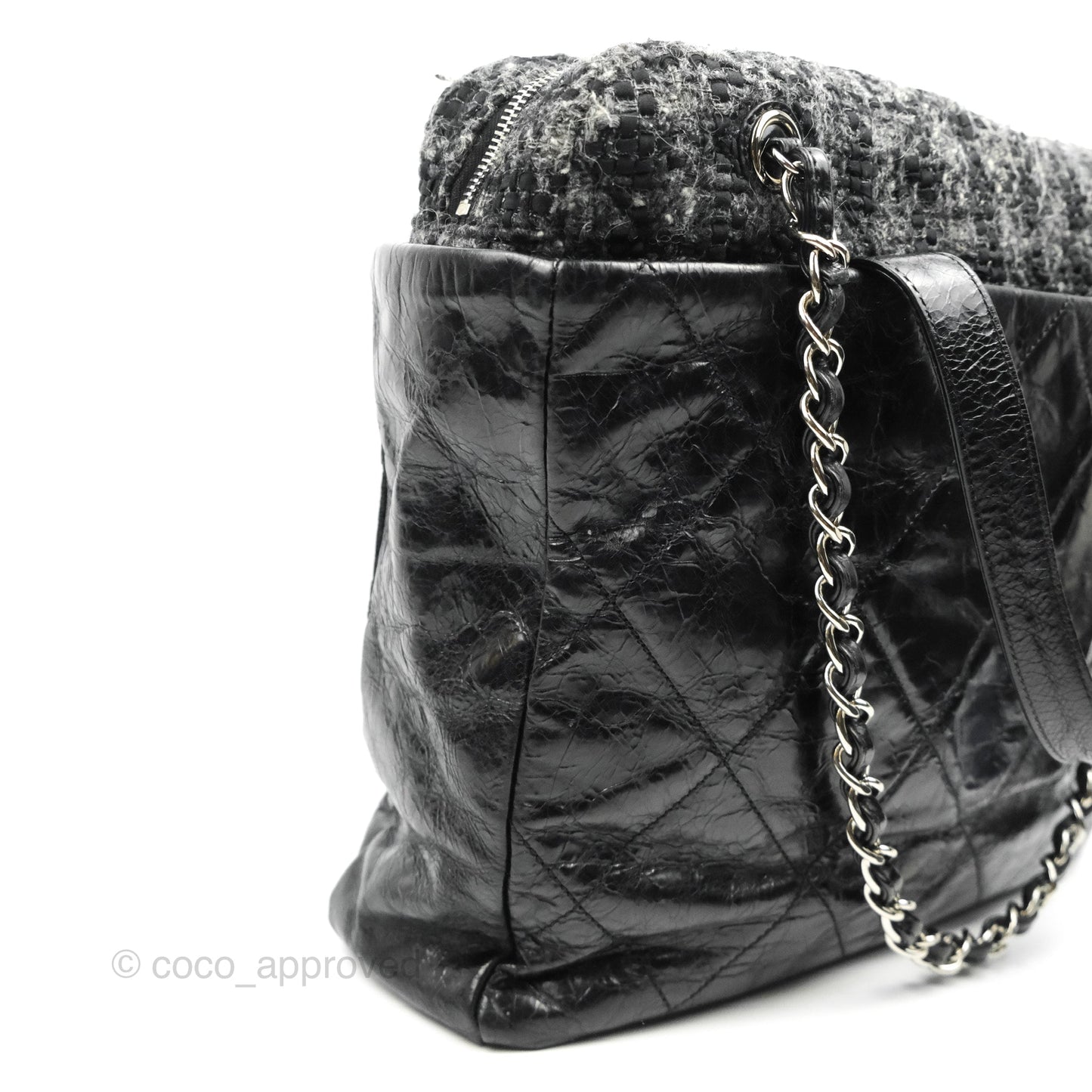 Chanel Black Glazed Calfskin & Tweed Bowling Bag Silver Hardware