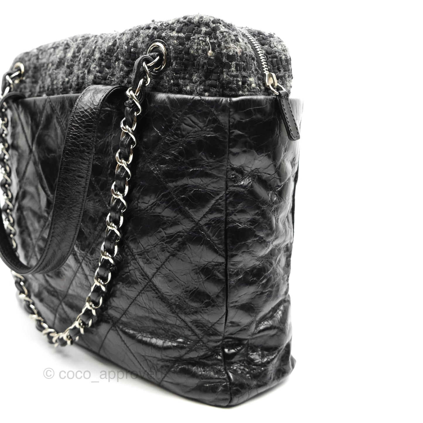 Chanel Black Glazed Calfskin & Tweed Bowling Bag Silver Hardware