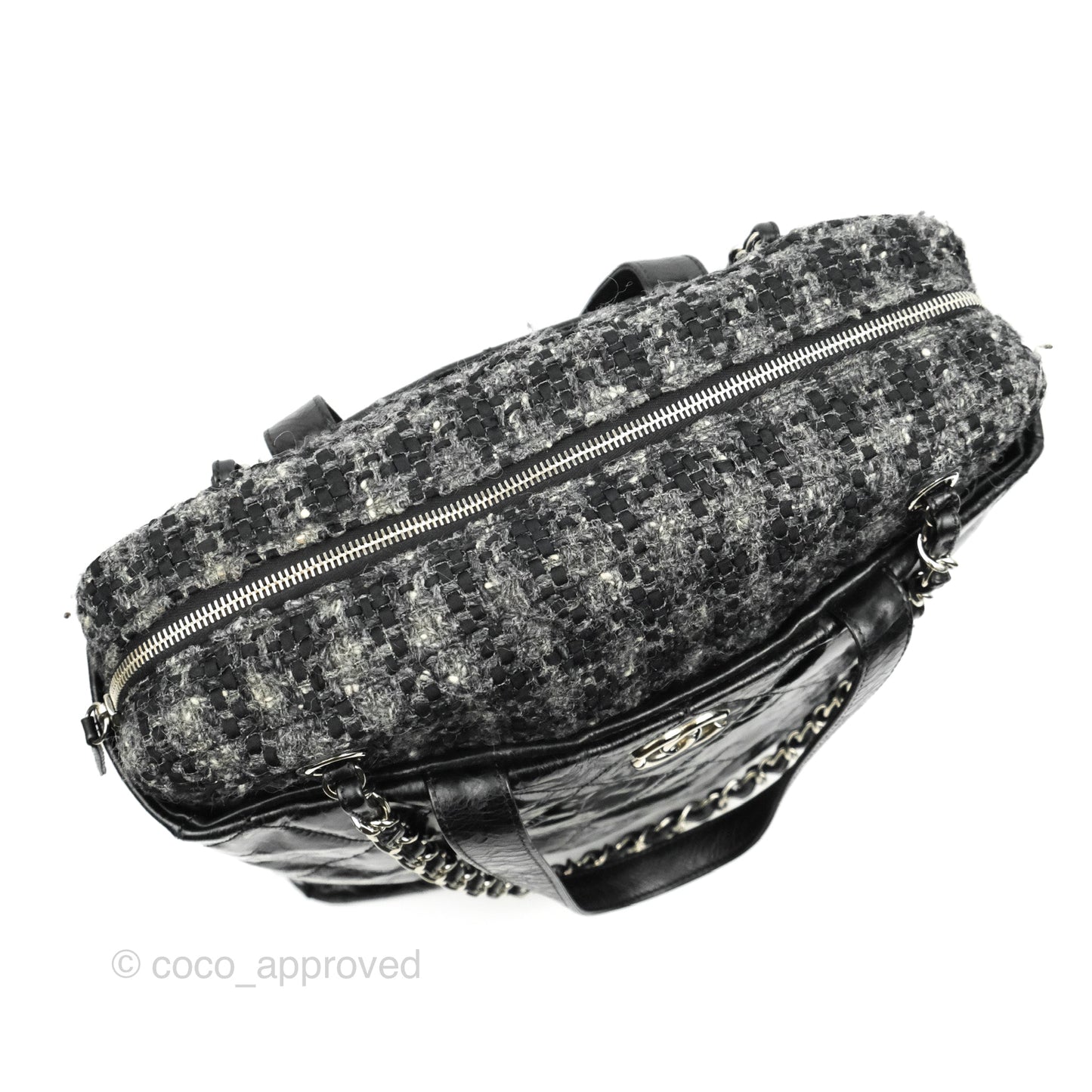 Chanel Black Glazed Calfskin & Tweed Bowling Bag Silver Hardware