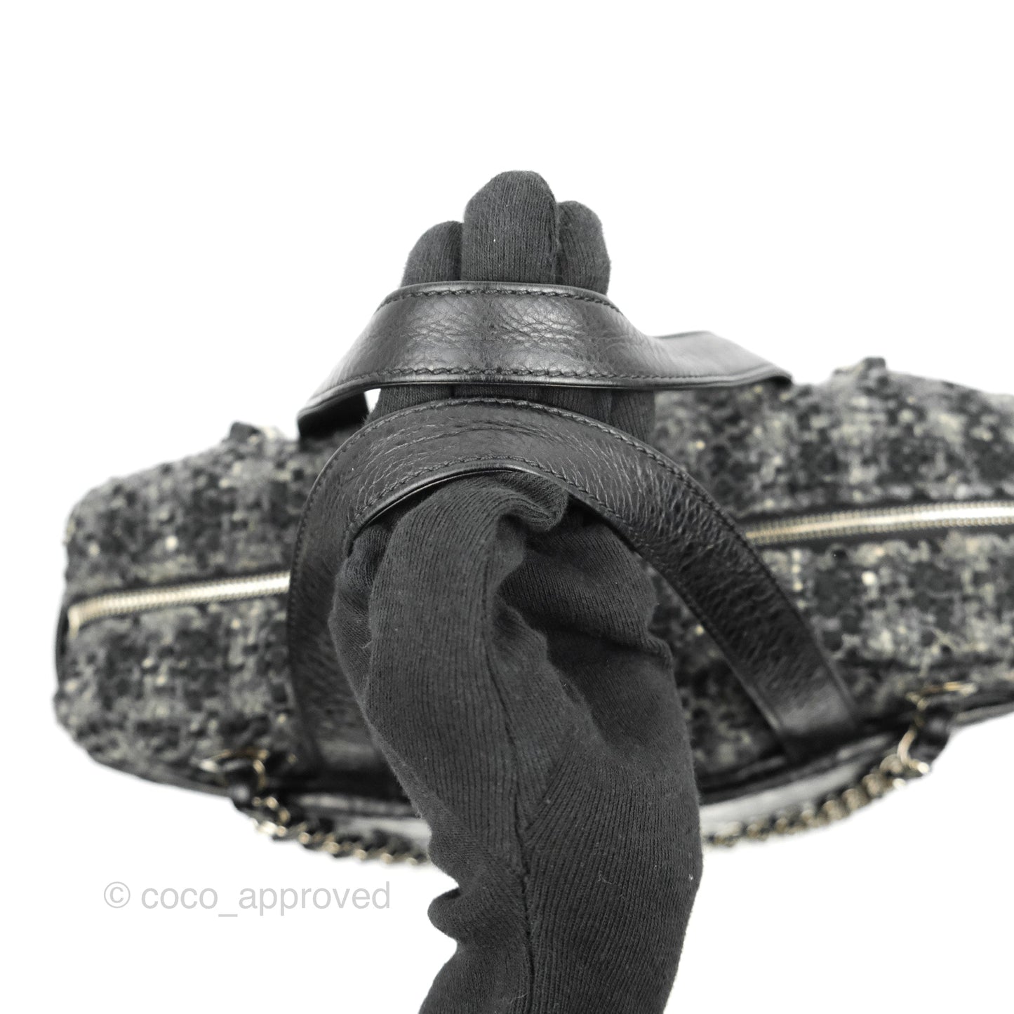 Chanel Black Glazed Calfskin & Tweed Bowling Bag Silver Hardware