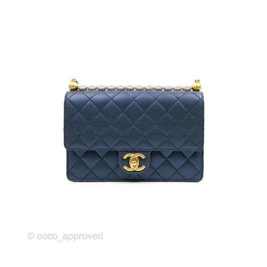 Chanel Quilted Flap Bag With Pearls Iridescent Navy Aged Gold Hardware
