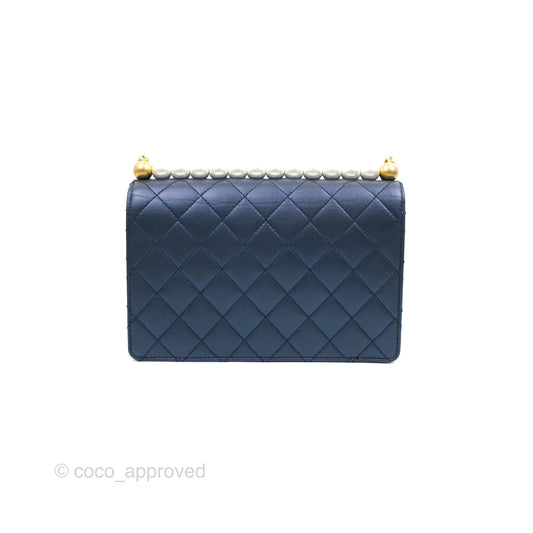 Chanel Quilted Flap Bag With Pearls Iridescent Navy Aged Gold Hardware