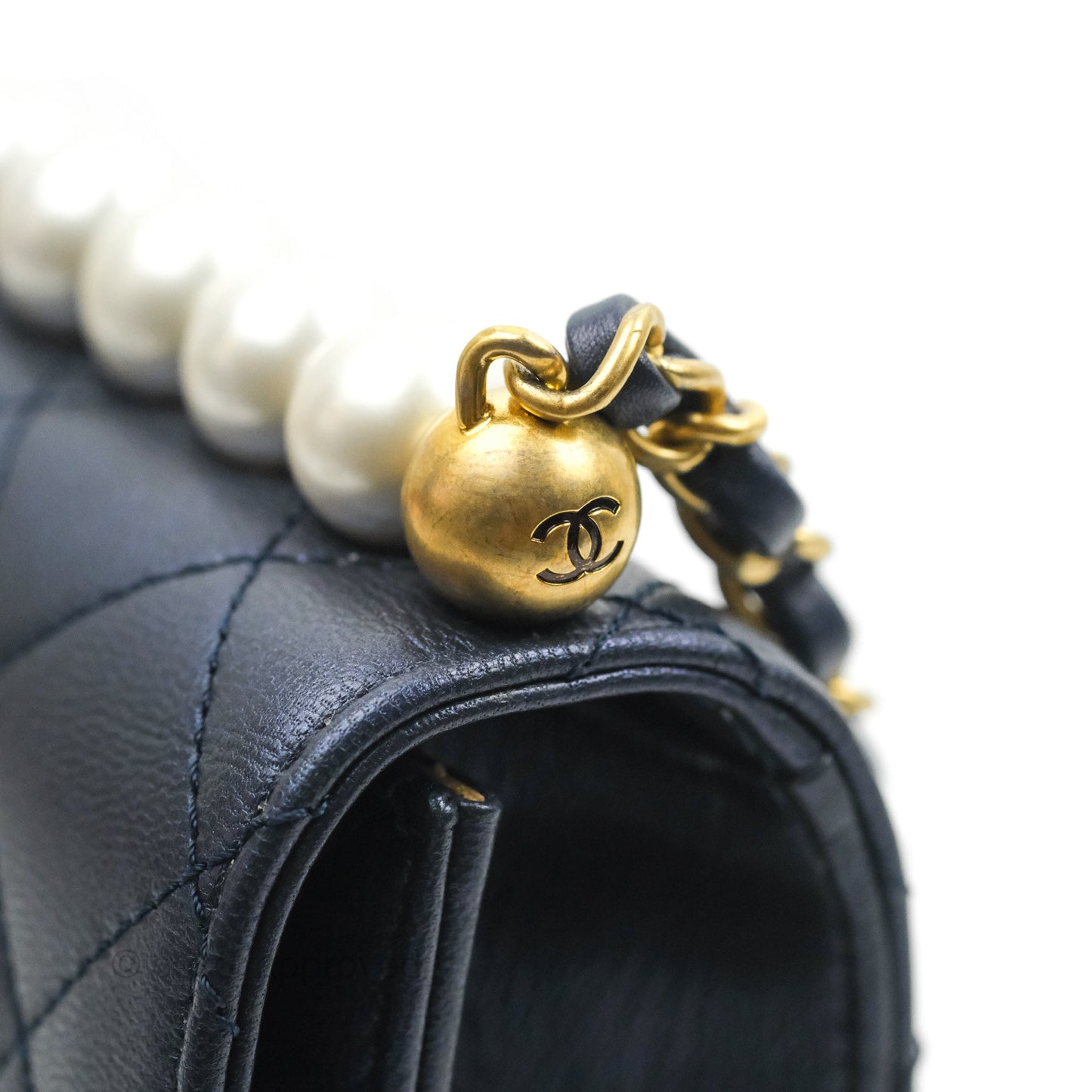 Chanel Quilted Flap Bag With Pearls Iridescent Navy Aged Gold Hardware