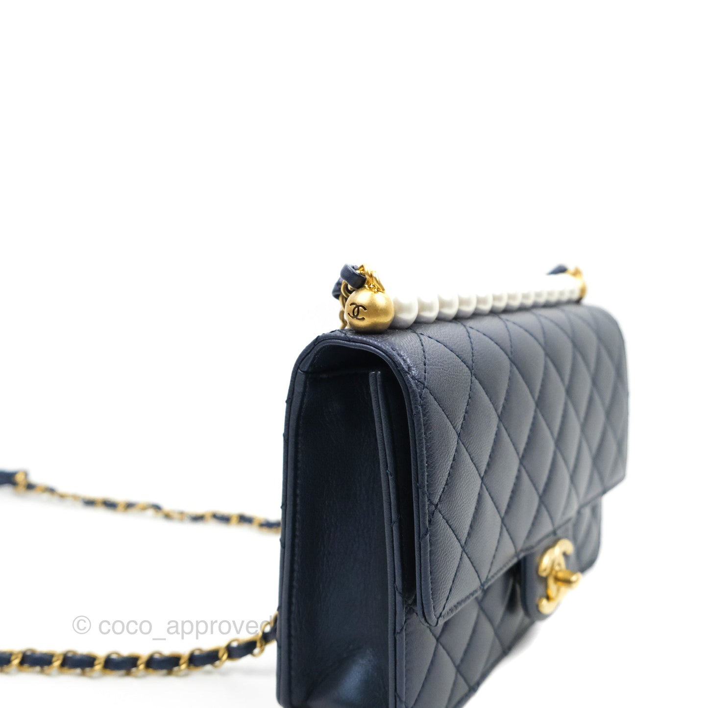 Chanel Quilted Flap Bag With Pearls Iridescent Navy Aged Gold Hardware