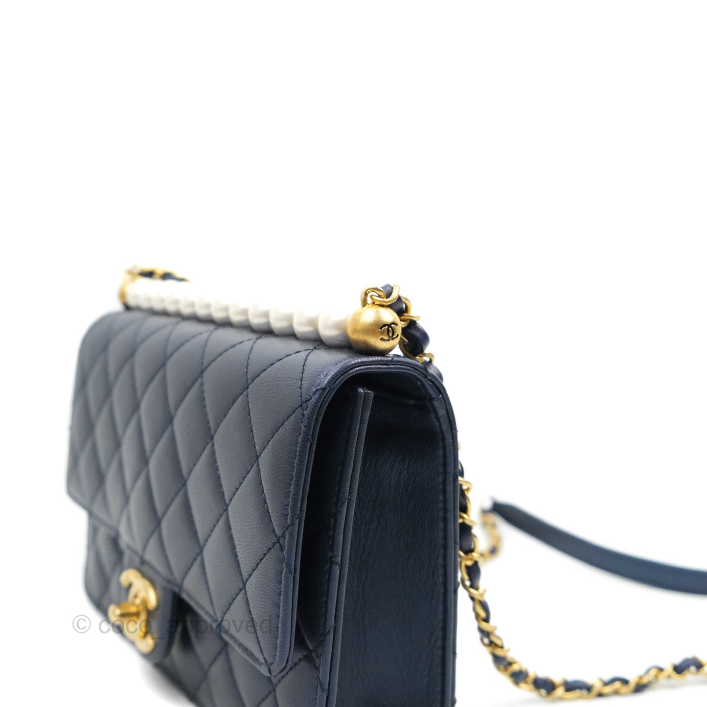 Chanel Quilted Flap Bag With Pearls Iridescent Navy Aged Gold Hardware