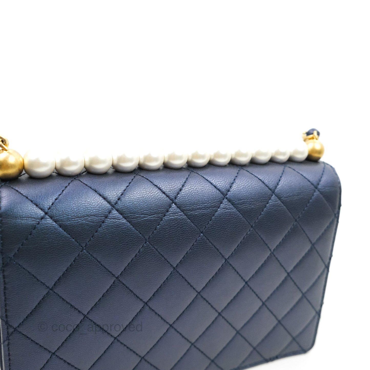 Chanel Quilted Flap Bag With Pearls Iridescent Navy Aged Gold Hardware