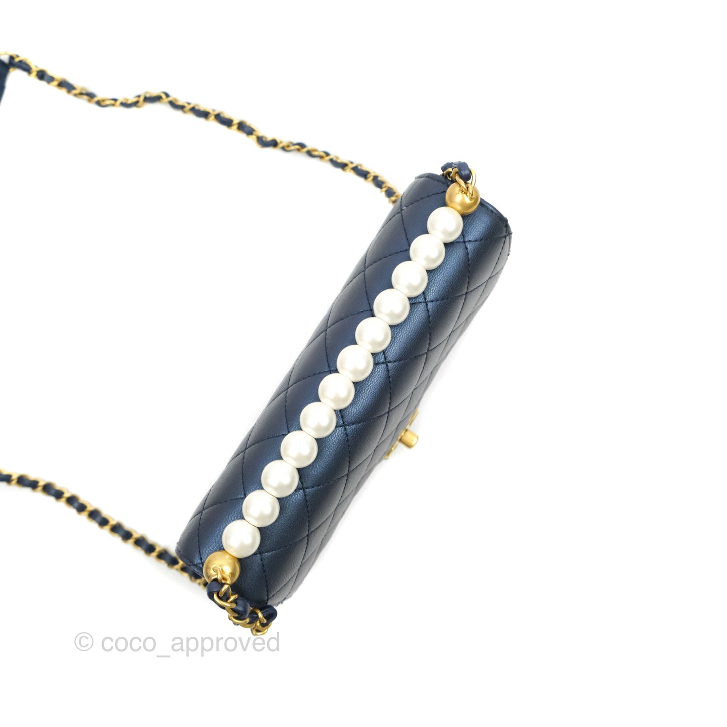 Chanel Quilted Flap Bag With Pearls Iridescent Navy Aged Gold Hardware