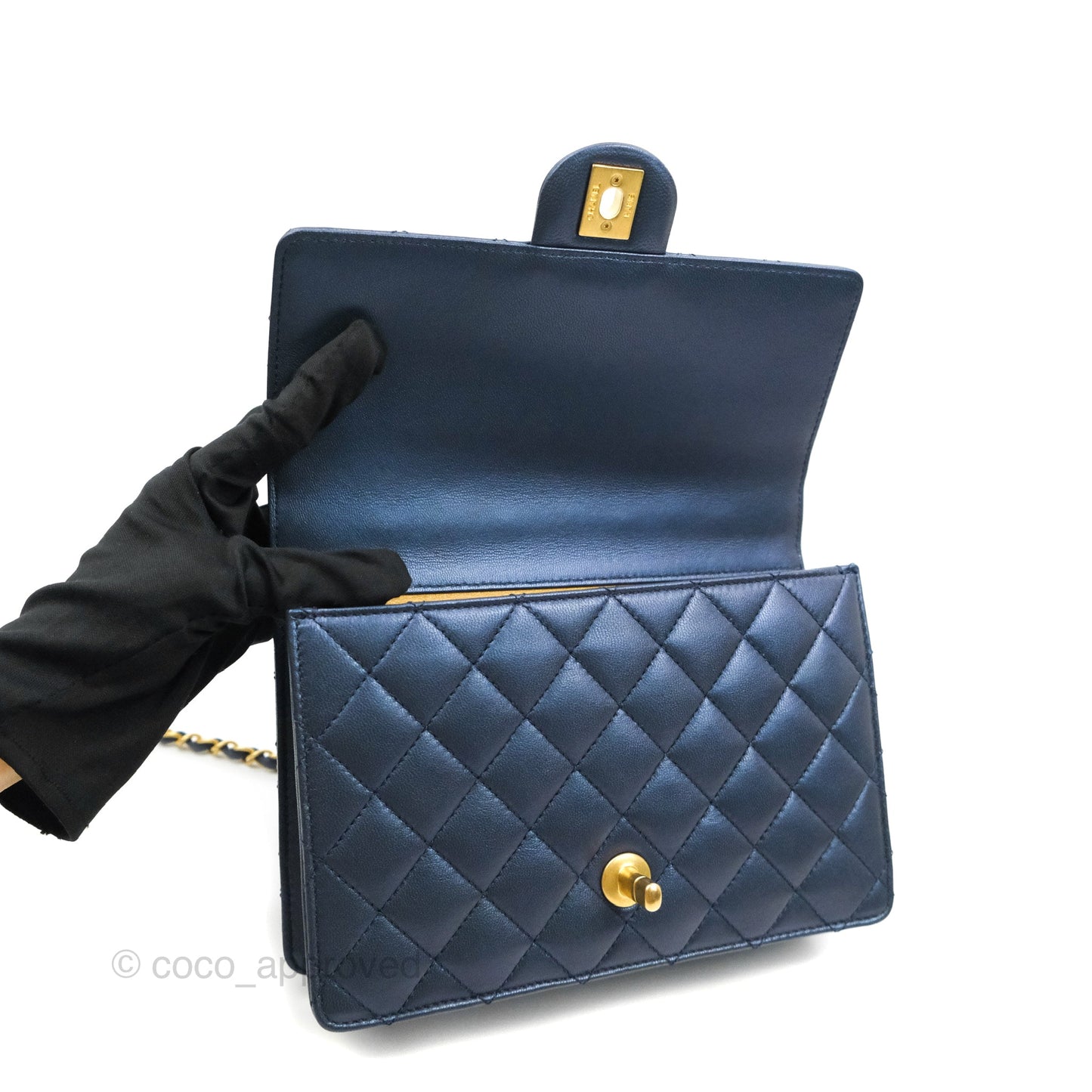 Chanel Quilted Flap Bag With Pearls Iridescent Navy Aged Gold Hardware