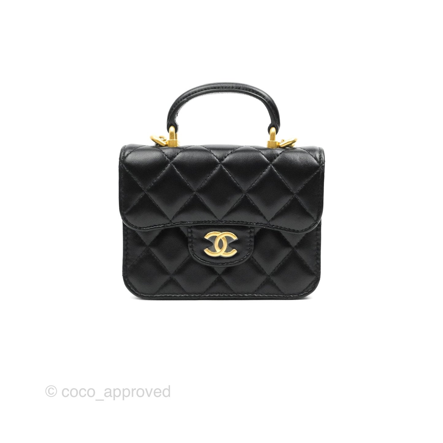 Chanel Mini Handle Flap Coin Purse With Chain Black Lambskin Gold Hardware