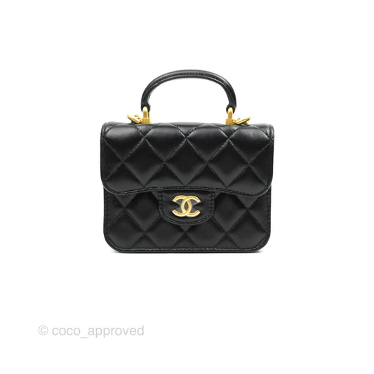 Chanel Mini Handle Flap Coin Purse With Chain Black Lambskin Gold Hardware