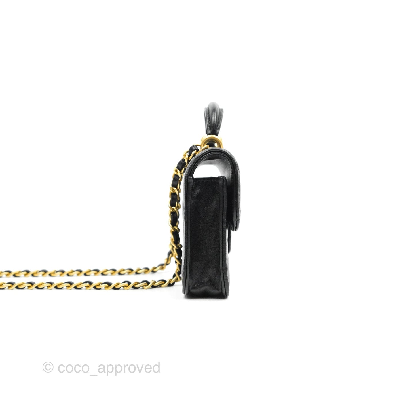 Chanel Mini Handle Flap Coin Purse With Chain Black Lambskin Gold Hardware
