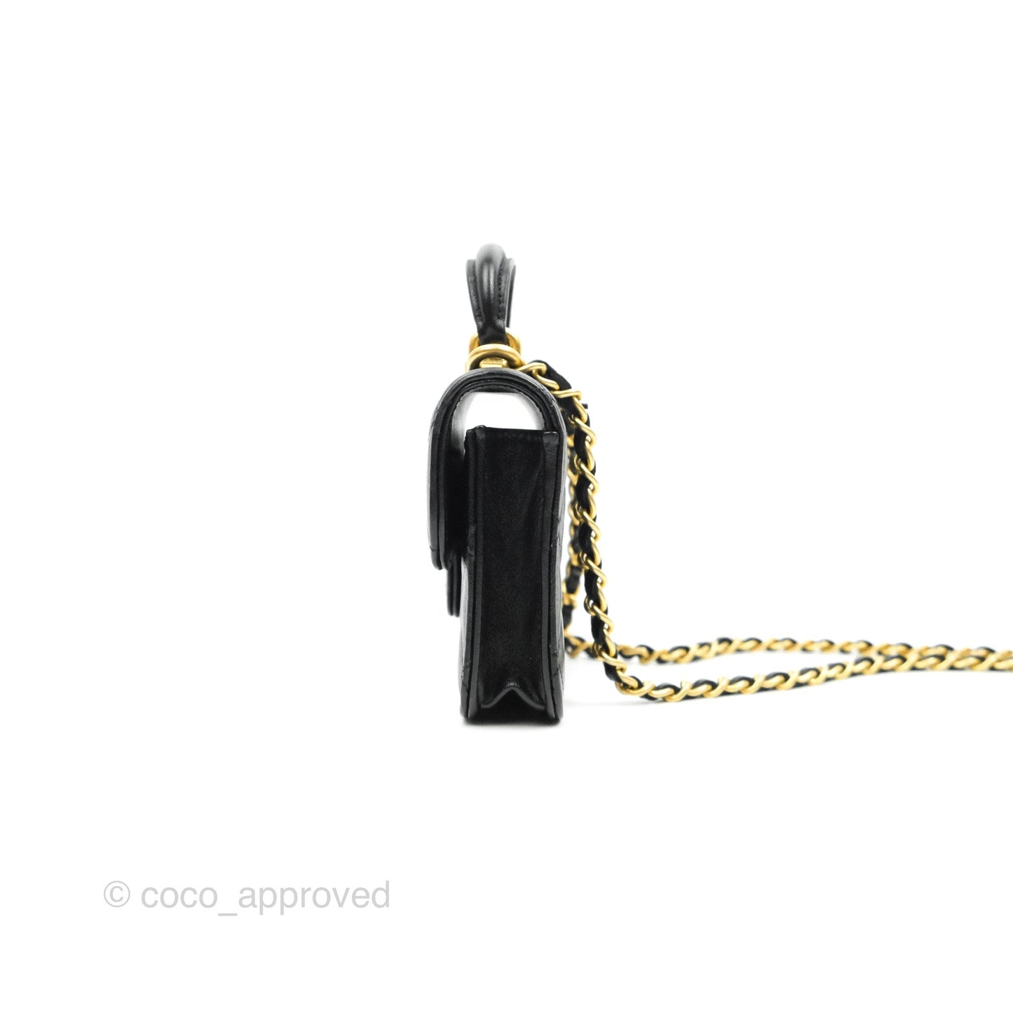 Chanel Mini Handle Flap Coin Purse With Chain Black Lambskin Gold Hardware