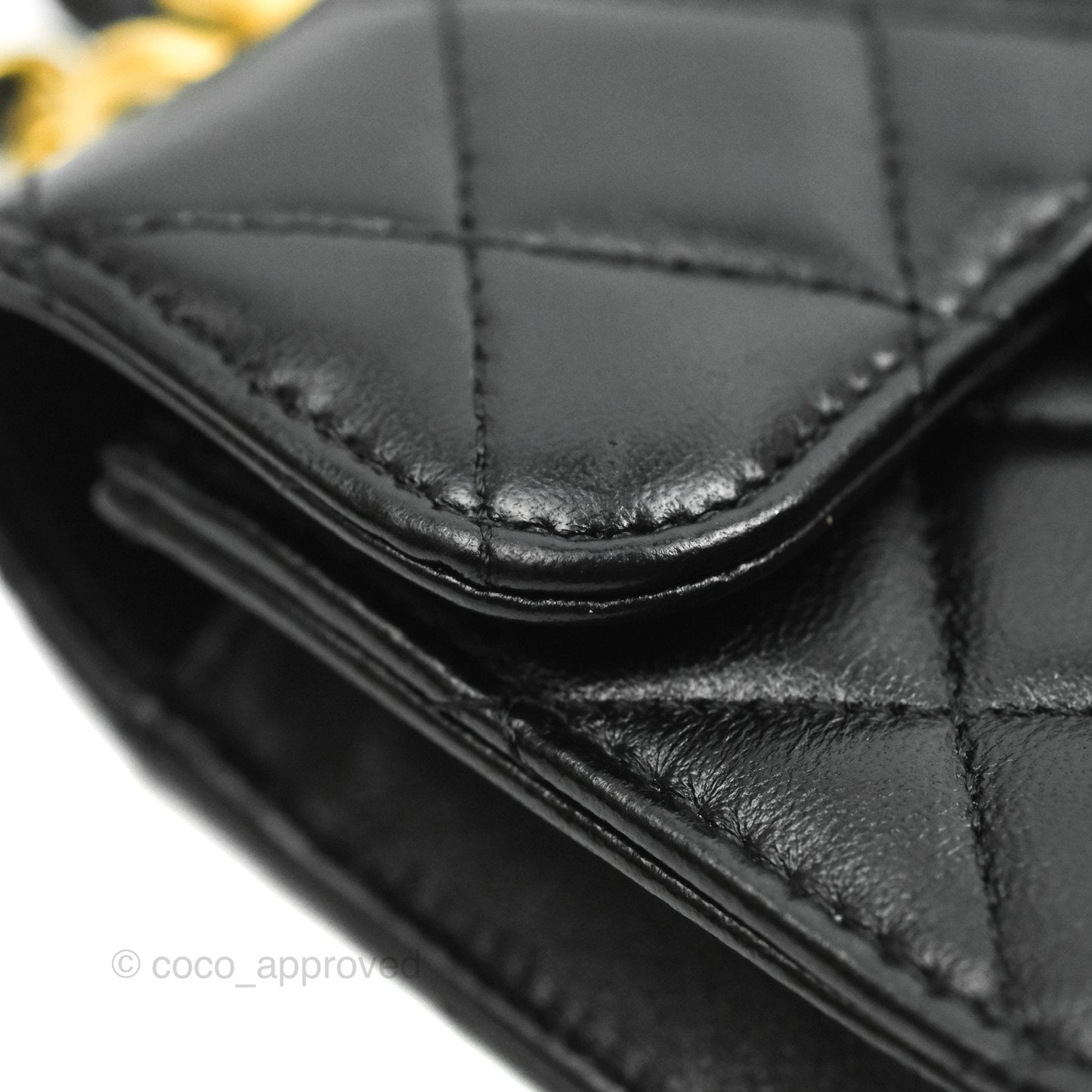 Chanel Mini Handle Flap Coin Purse With Chain Black Lambskin Gold Hardware
