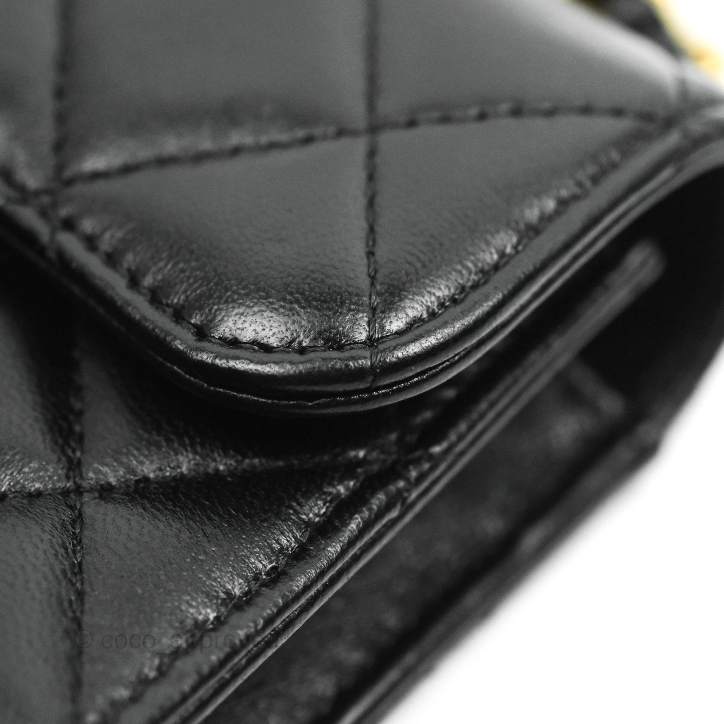 Chanel Mini Handle Flap Coin Purse With Chain Black Lambskin Gold Hardware