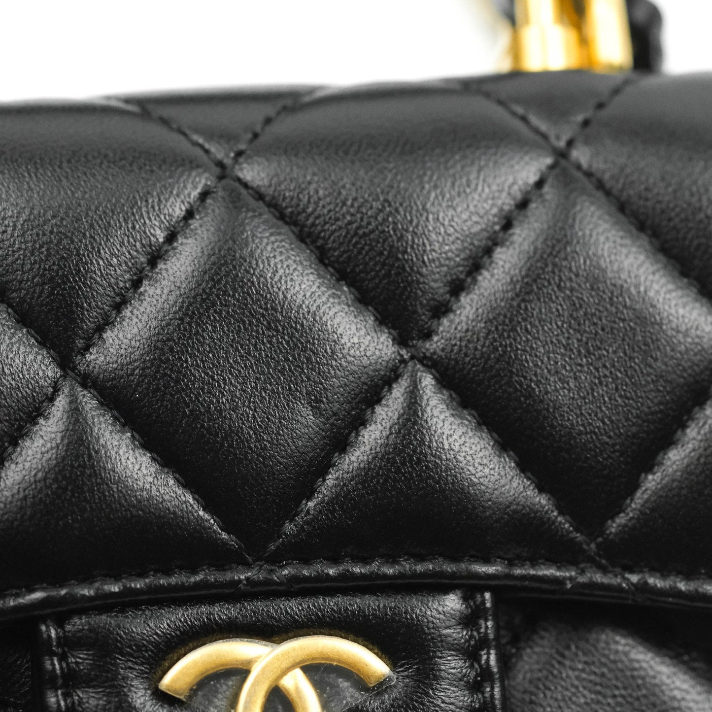 Chanel Mini Handle Flap Coin Purse With Chain Black Lambskin Gold Hardware