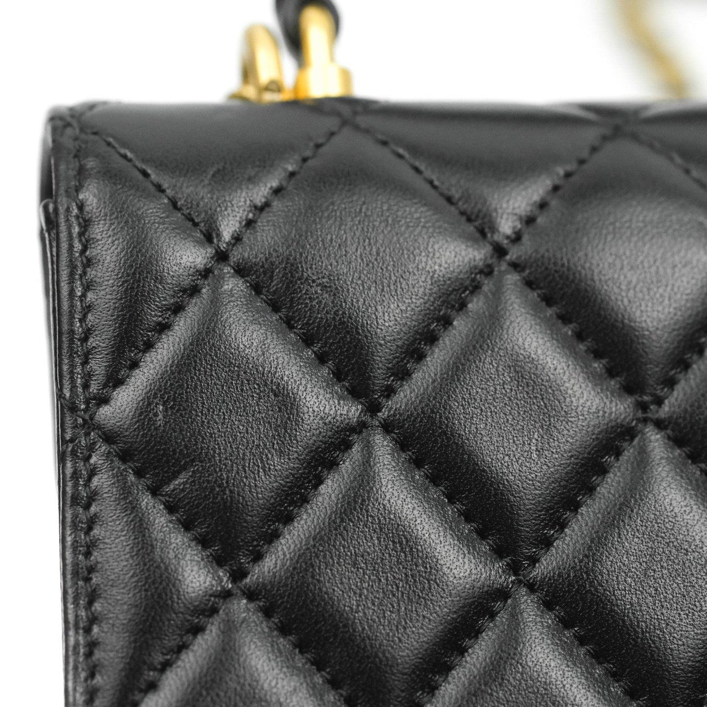 Chanel Mini Handle Flap Coin Purse With Chain Black Lambskin Gold Hardware