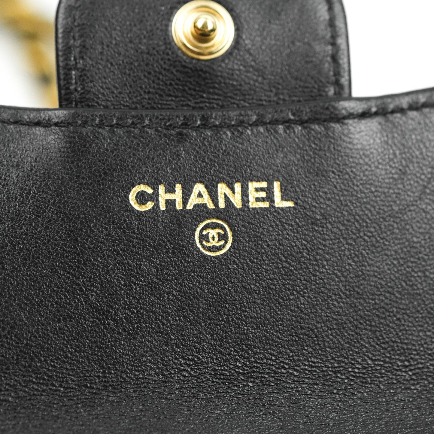 Chanel Mini Handle Flap Coin Purse With Chain Black Lambskin Gold Hardware