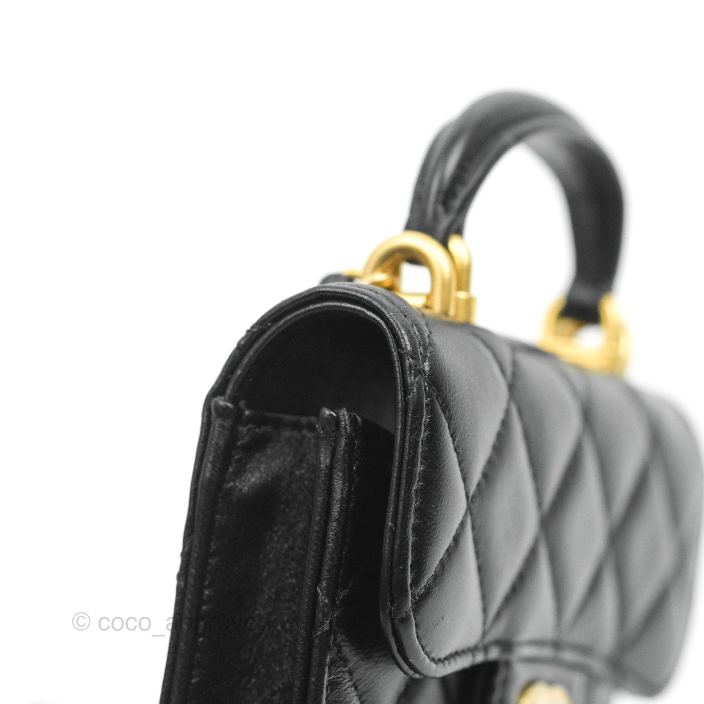 Chanel Mini Handle Flap Coin Purse With Chain Black Lambskin Gold Hardware