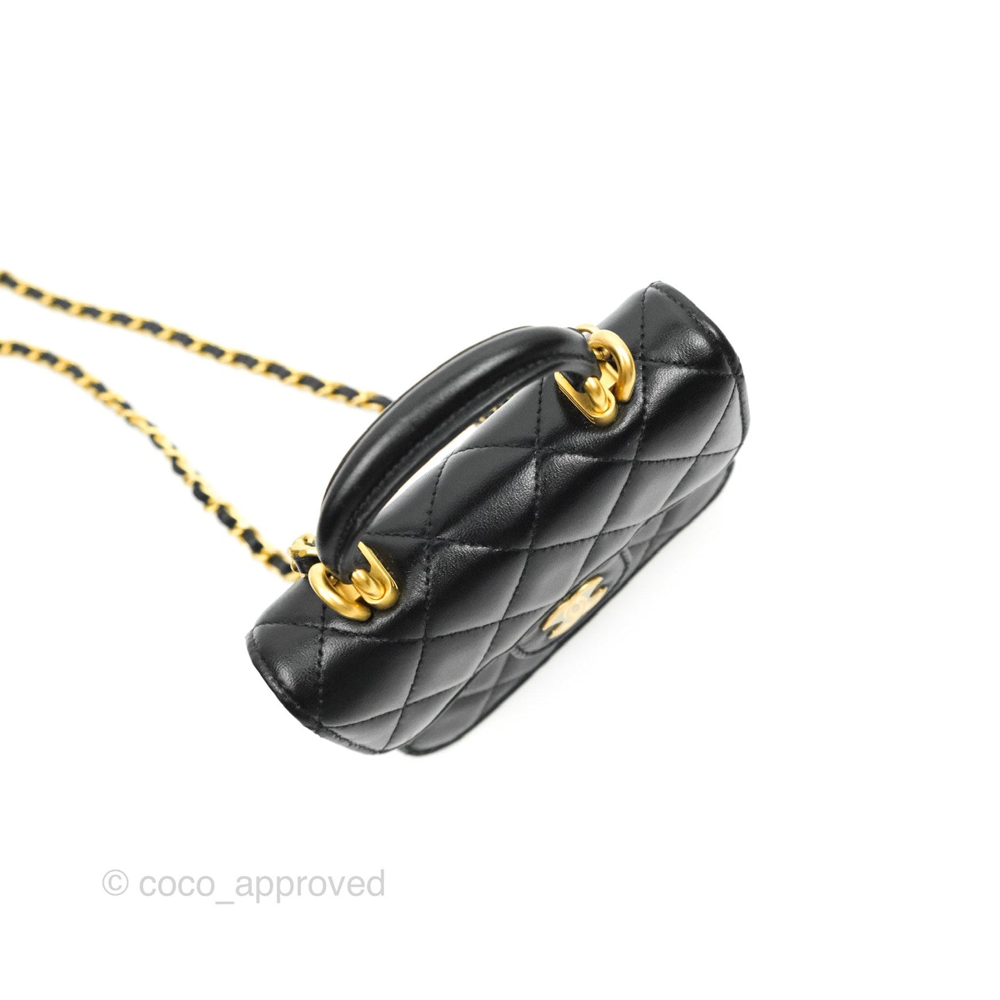 Chanel Mini Handle Flap Coin Purse With Chain Black Lambskin Gold Hardware