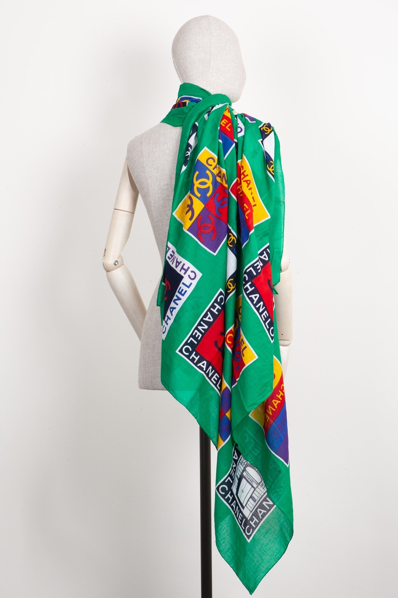 CHANEL Scarf CC Logo Cotton Green